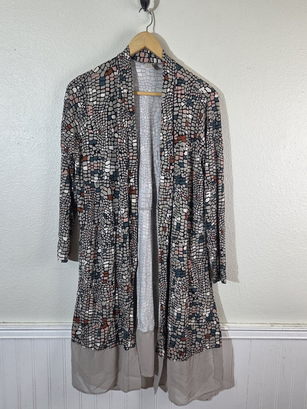 LOGO by Lori Goldstein LP Abstract Mosaic Print Open Front Duster Cardigan